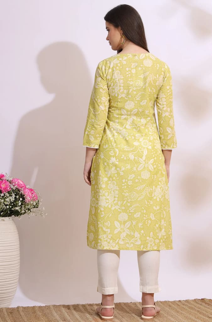 Lime Yellow Bold Floral Printed Cotton Cambric Straight Kurta — photo 6