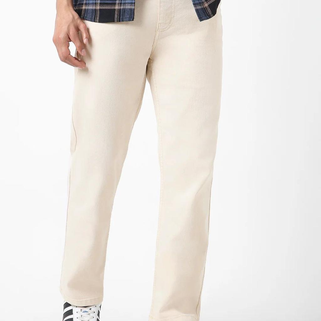 Men's Ecru Straight Fit Washed Jeans Stretchable