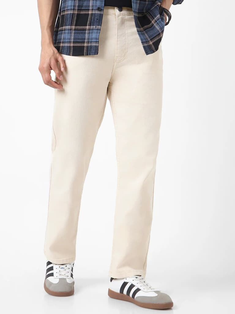 Men's Ecru Straight Fit Washed Jeans Stretchable — 28 / Ecru