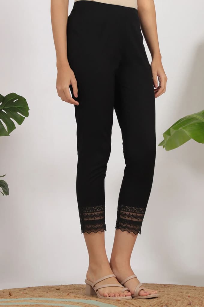 Black Solid Cotton Flax Slim Pants with Lace — photo 5