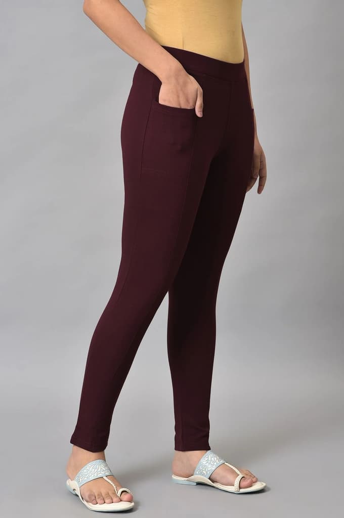 Maroon Solid Skinny Fit Yoga Tights With Elasticated Waistband — photo 4