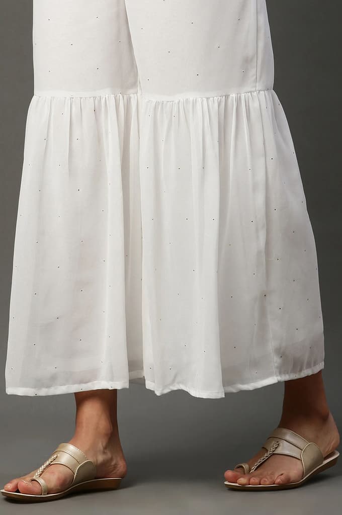 White Polka Dots Printed Flared Georgette Sharara With Elasticated Waist — photo 7