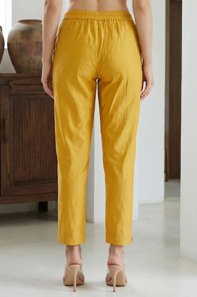 Mustard Solid Chanderi Straight Fit Ankle Length Trousers — photo 3