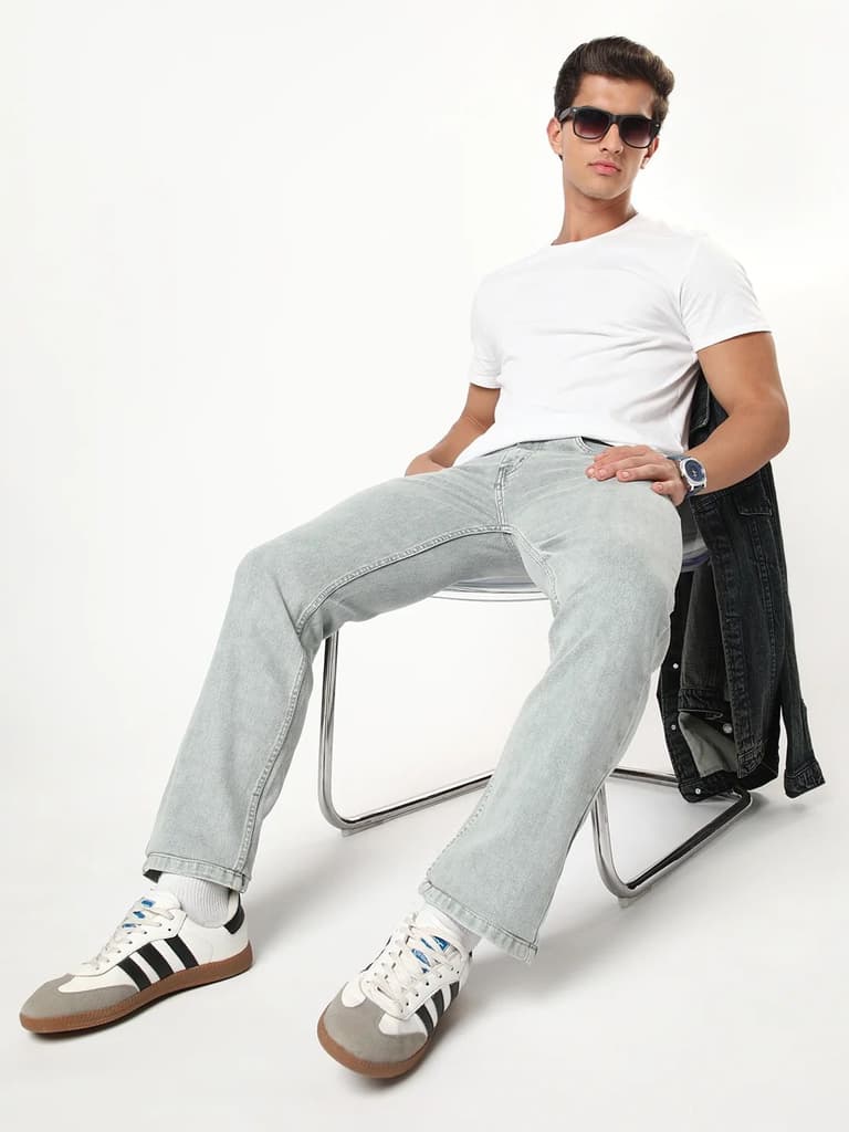 Men's Ice Grey Regular Fit Acid Washed Denim Jeans Stretchable — photo 4