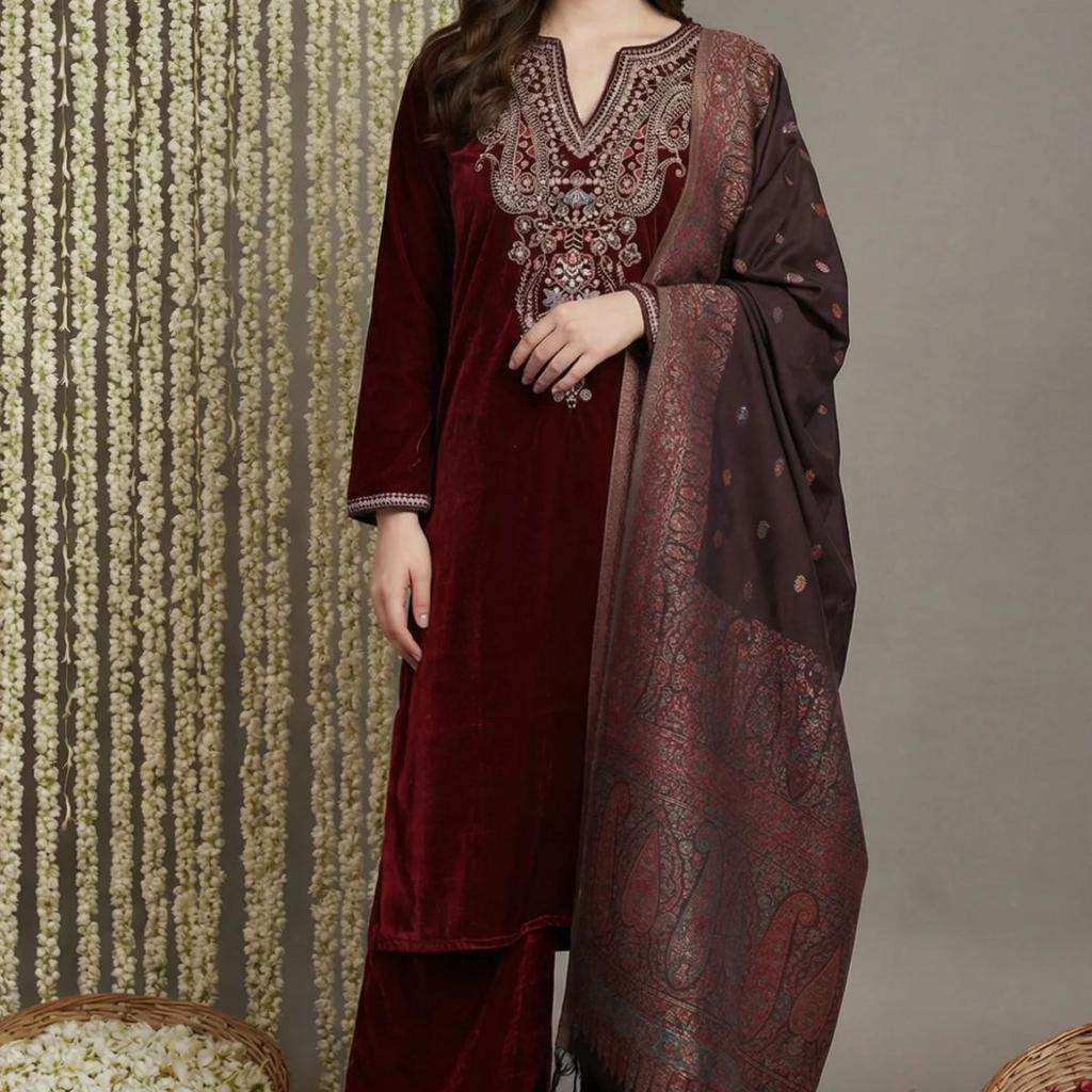 Maroon Straight Kurta with Parallel Pant and Dupatta