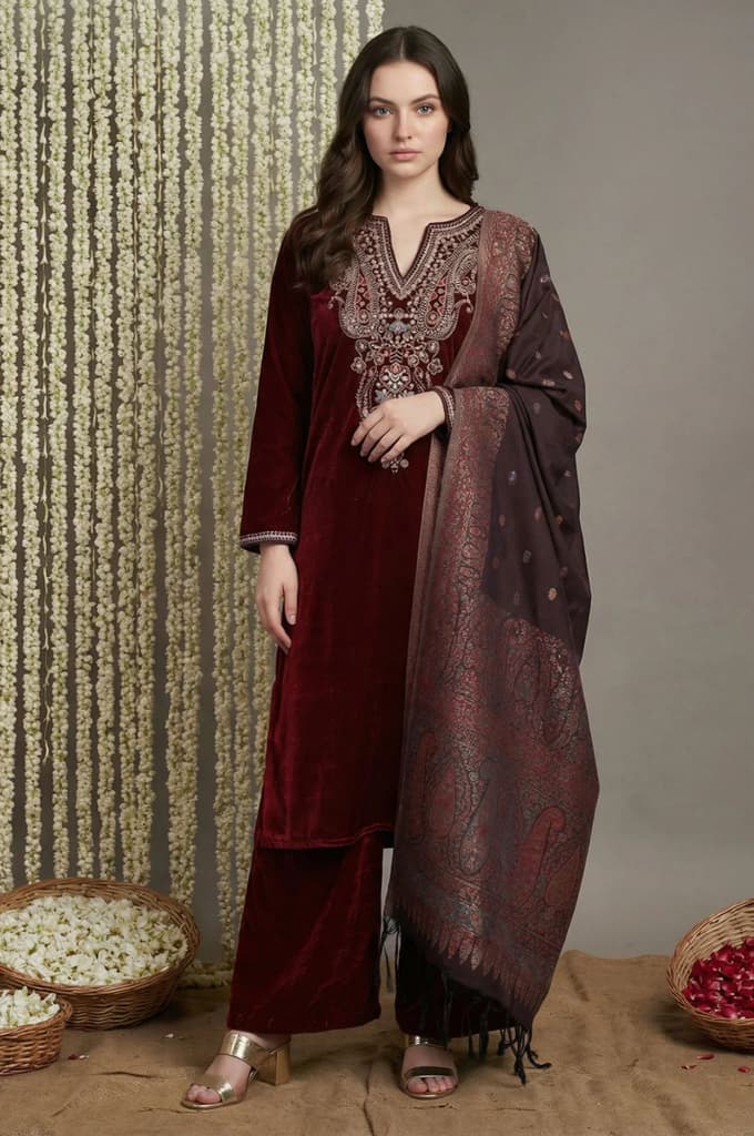Maroon Straight Kurta with Parallel Pant and Dupatta — XS
