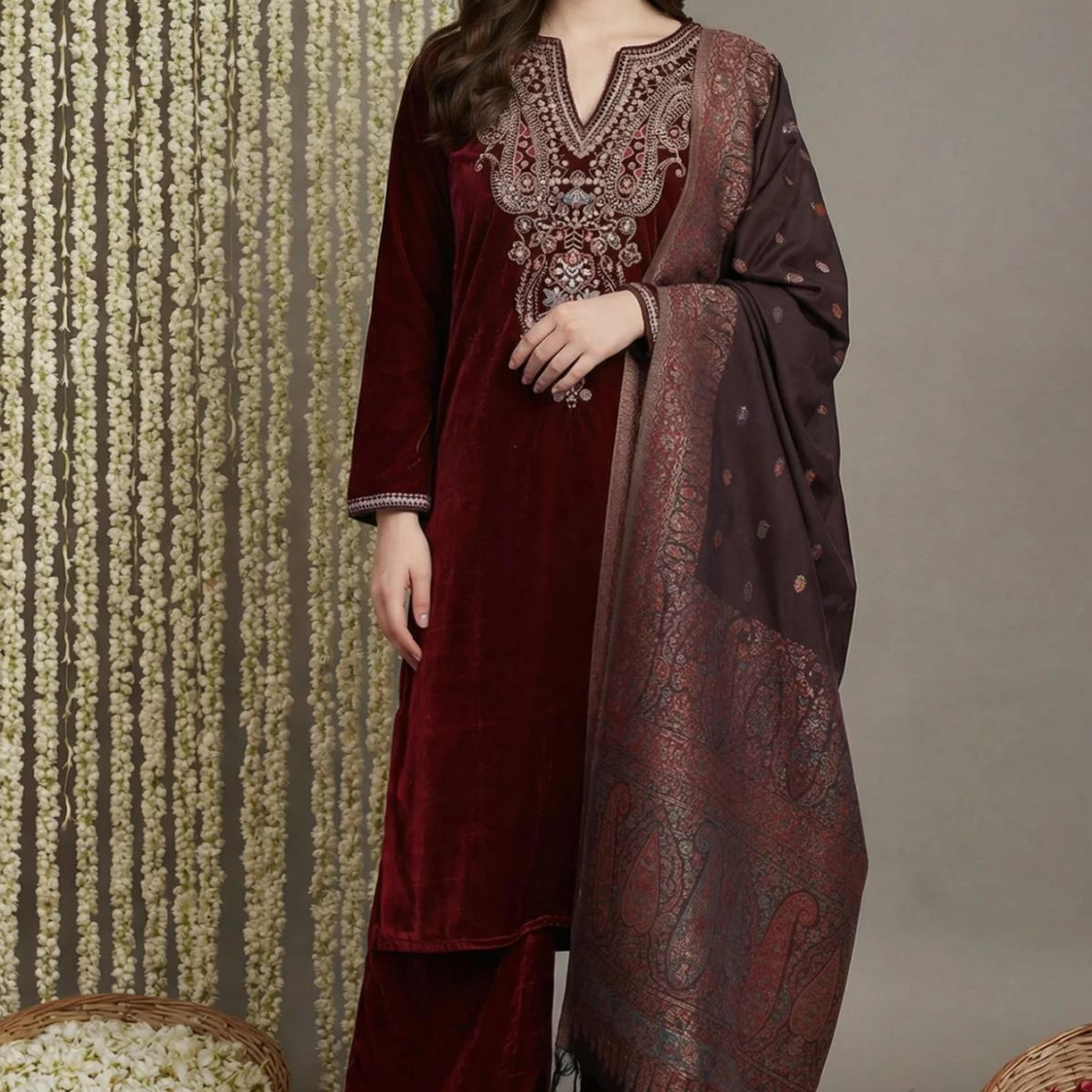 Maroon Straight Kurta with Parallel Pant and Dupatta