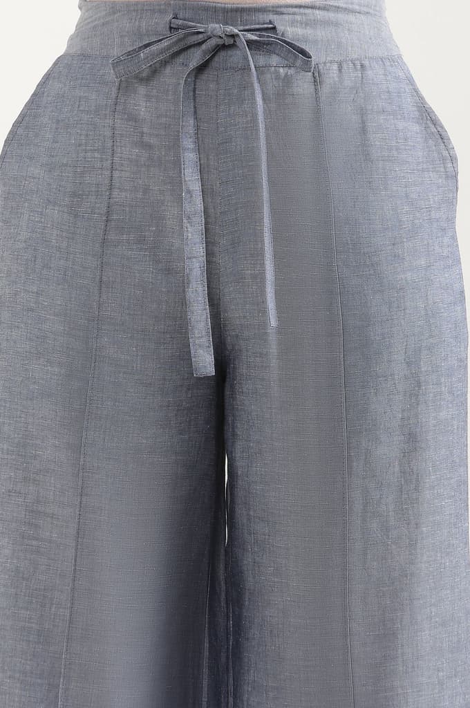 Blue Solid Flared Denim Pants With Tie Detail — photo 6