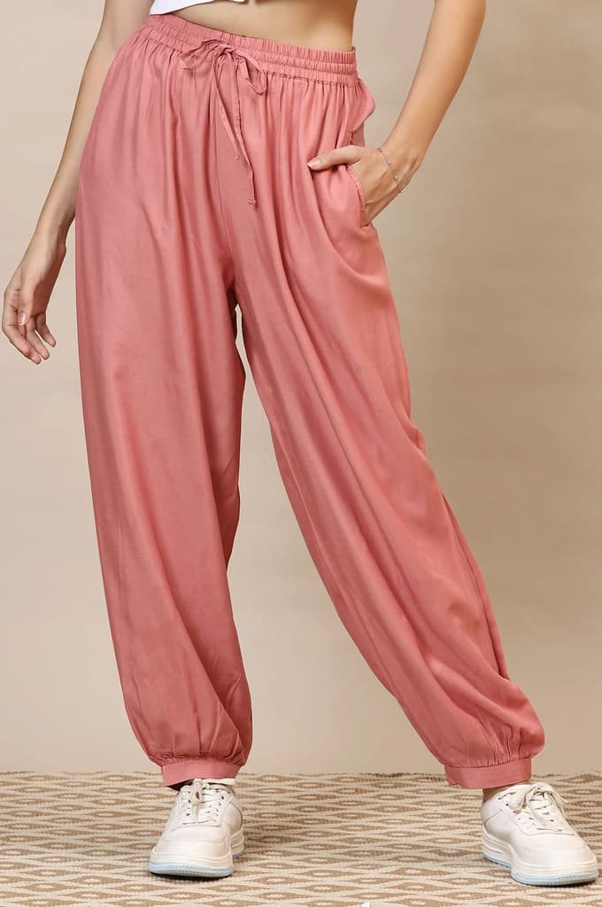 Pink Solid Loose Fit Rayon Dhoti Pants With Drawstring — photo 2