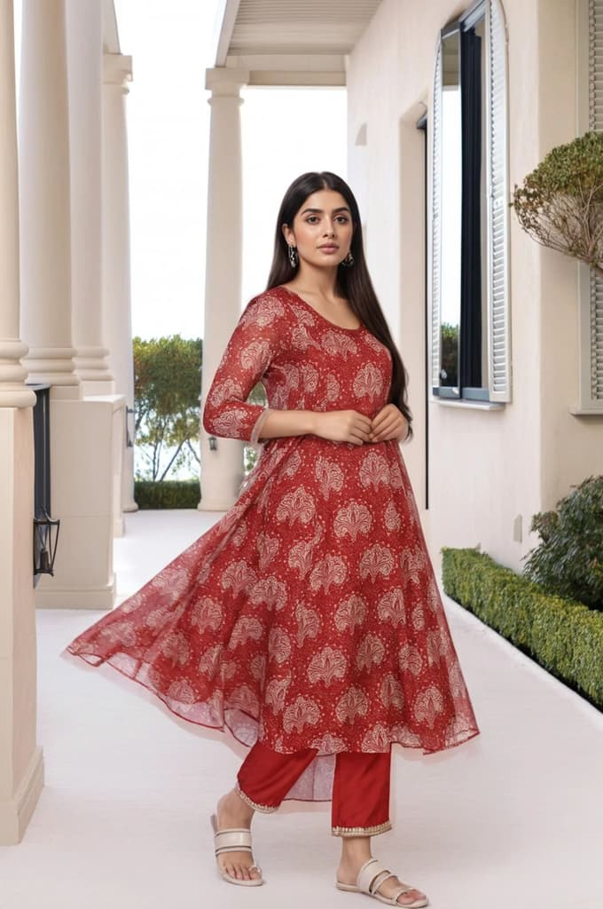 Red Ethnic Motifs Printed Embellished Anarkali Organza Kurta with Straight Pant and Dupatta Set — photo 4