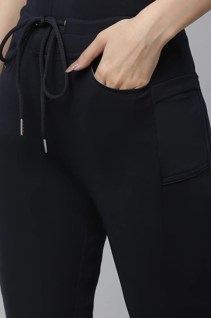 Navy Blue Solid Boot Cut Pants With Drawstring — photo 6