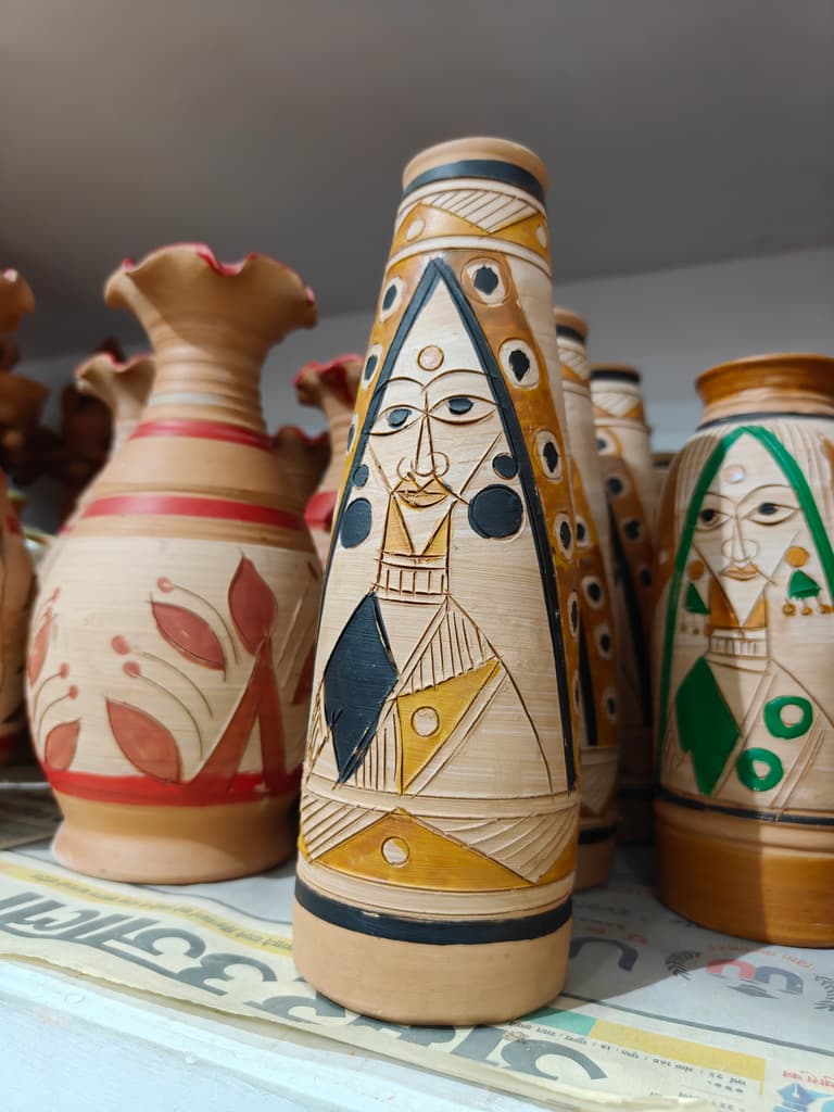 Wooden Vase with Painted Design | Decorative | Brown | Green