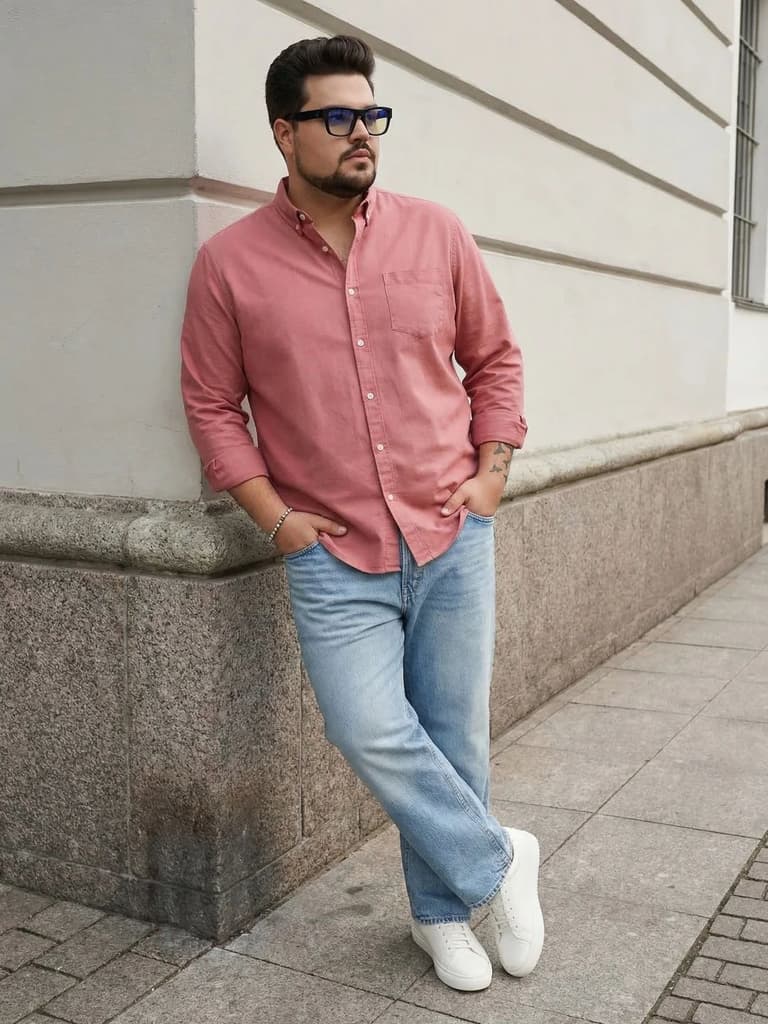 Plus Men's Peach Cotton Full Sleeve Regular Fit Solid Oxford Shirt With Button-Down Collar — photo 4