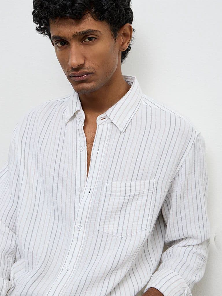 WES Casuals White Striped Relaxed-Fit Cotton Shirt — photo 3