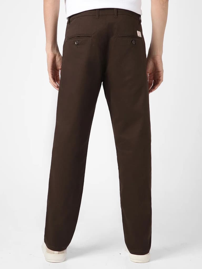 Men's Chocolate Brown Cotton Regular Fit Casual Chinos Trousers Stretch — photo 3