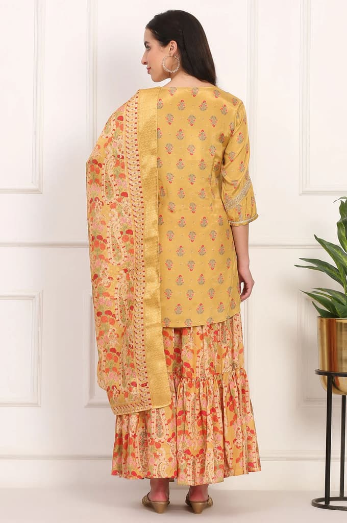 Yellow Embroidered Straight Shantung Kurta with Sharara and Dupatta Set — photo 5