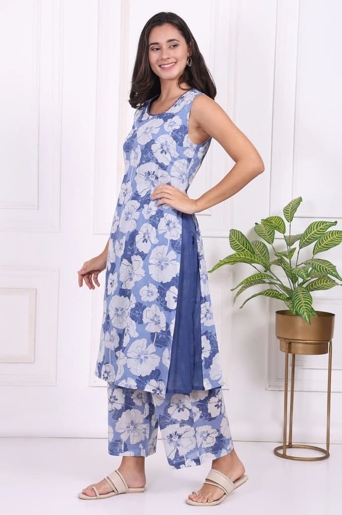Blue Floral Printed Pure Cotton Straight Kurta and Flared Pants Co-ord Set — photo 4