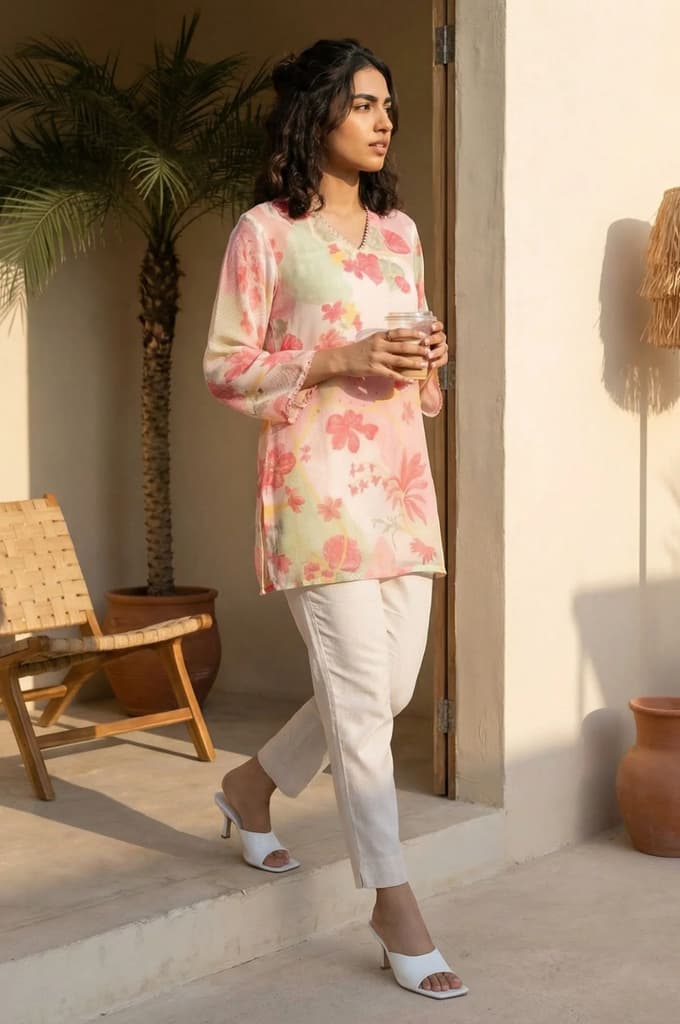 Pink Floral Printed Lace Silver Chiffon Straight Top — photo 2