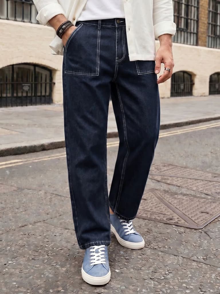 Men's Dark Blue Loose Baggy Fit Washed Denim Jeans Non-Stretchable — 28 / Dark Blue