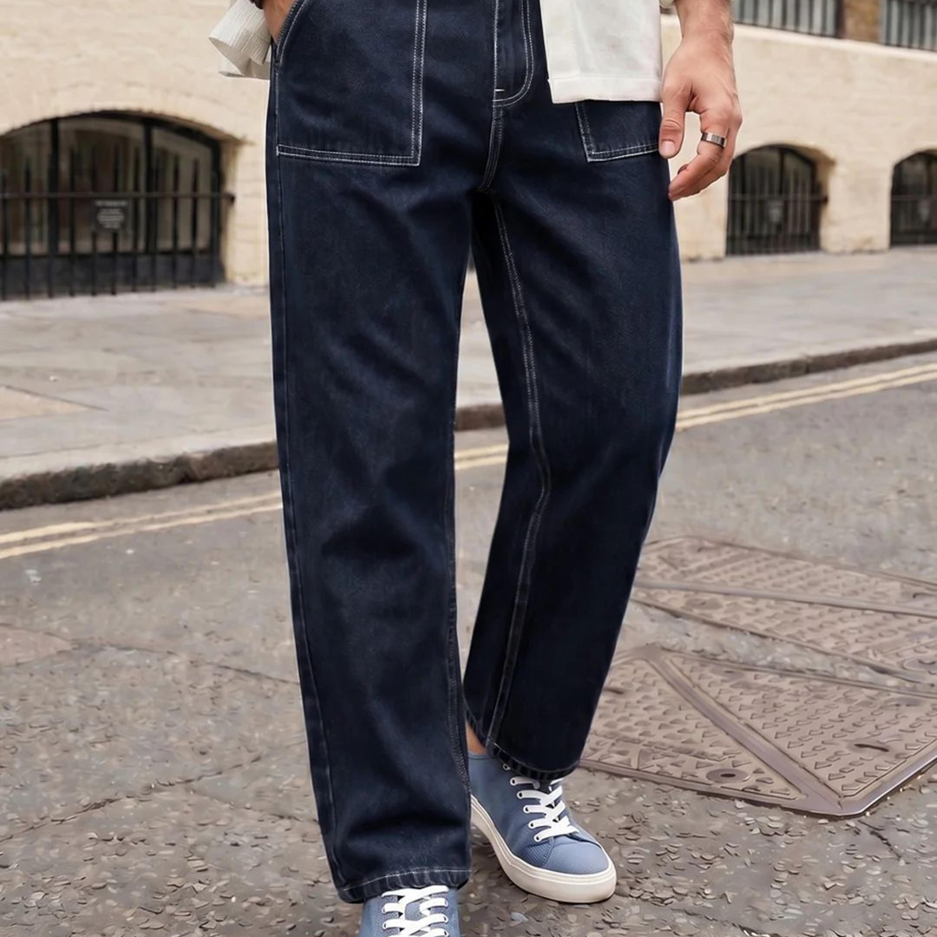 Men's Dark Blue Loose Baggy Fit Washed Denim Jeans Non-Stretchable