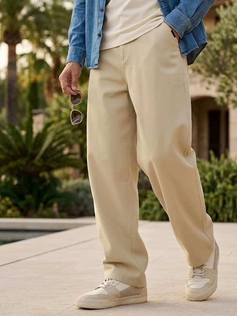 Men's Beige Loose Baggy Fit Solid Chino Trousers Non-Stretchable — 28 / Beige