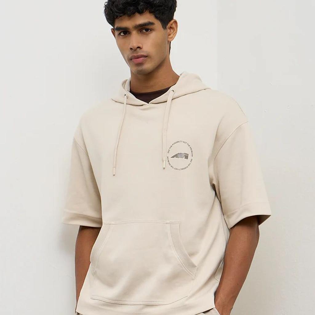 Nuoflexx Light Beige Printed Relaxed-Fit Cotton-Blend Hoodie