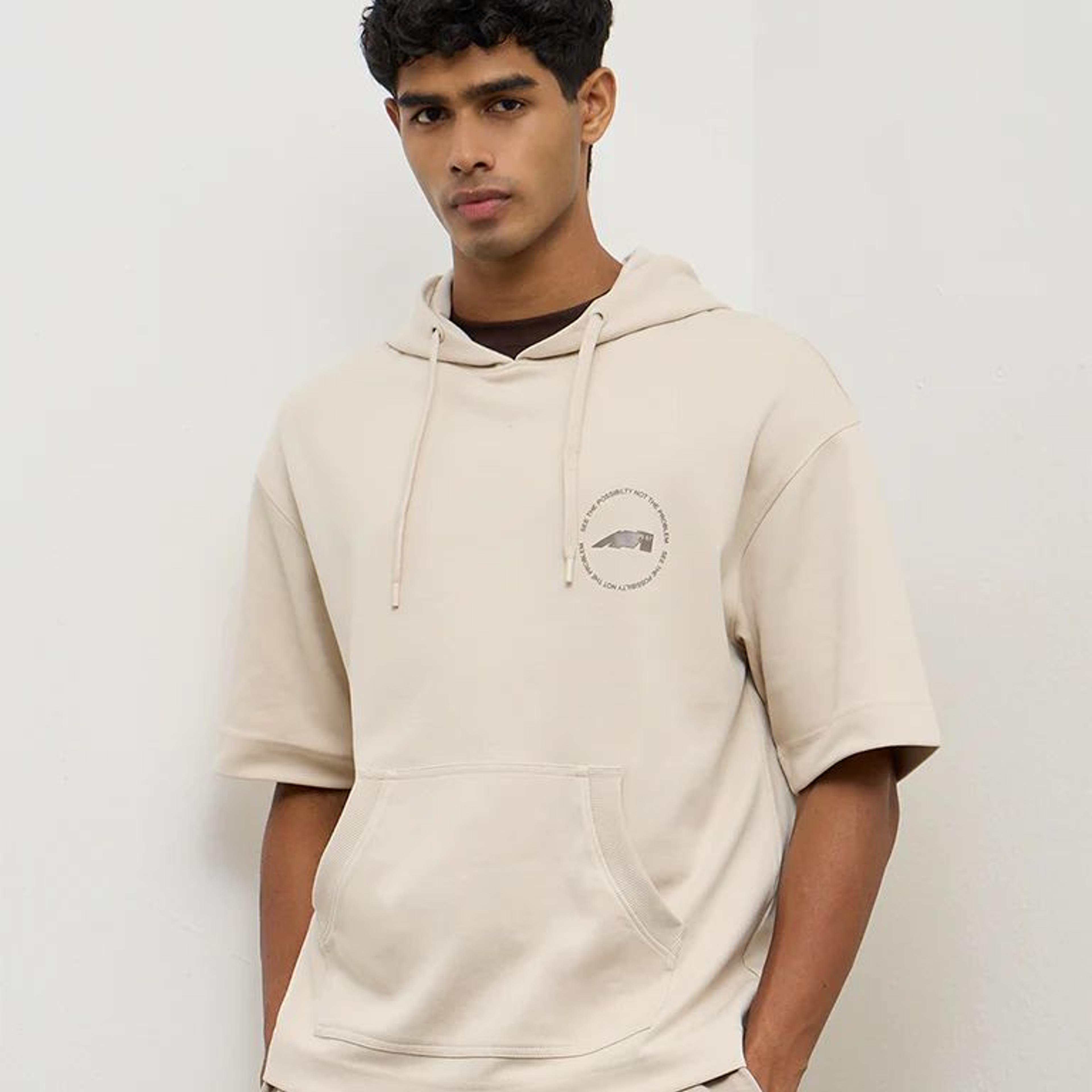 Nuoflexx Light Beige Printed Relaxed-Fit Cotton-Blend Hoodie