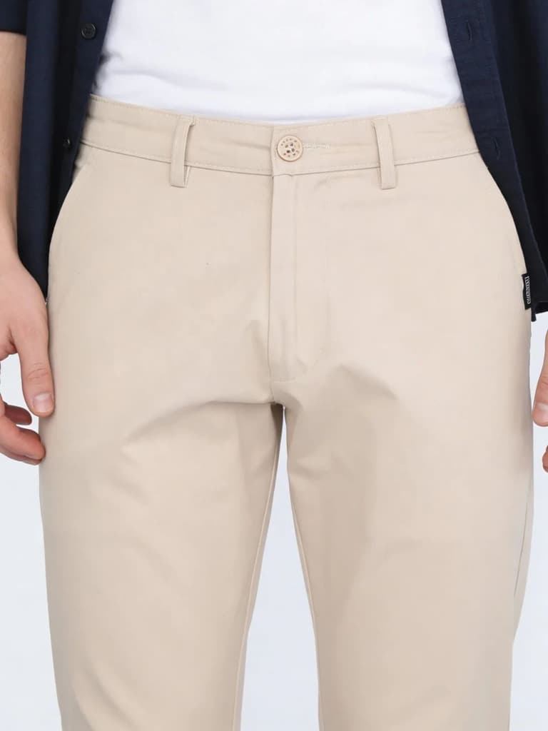 Men's Cream Straight Fit Mid Rise Cotton Casual Chinos Trousers Stretch — photo 5