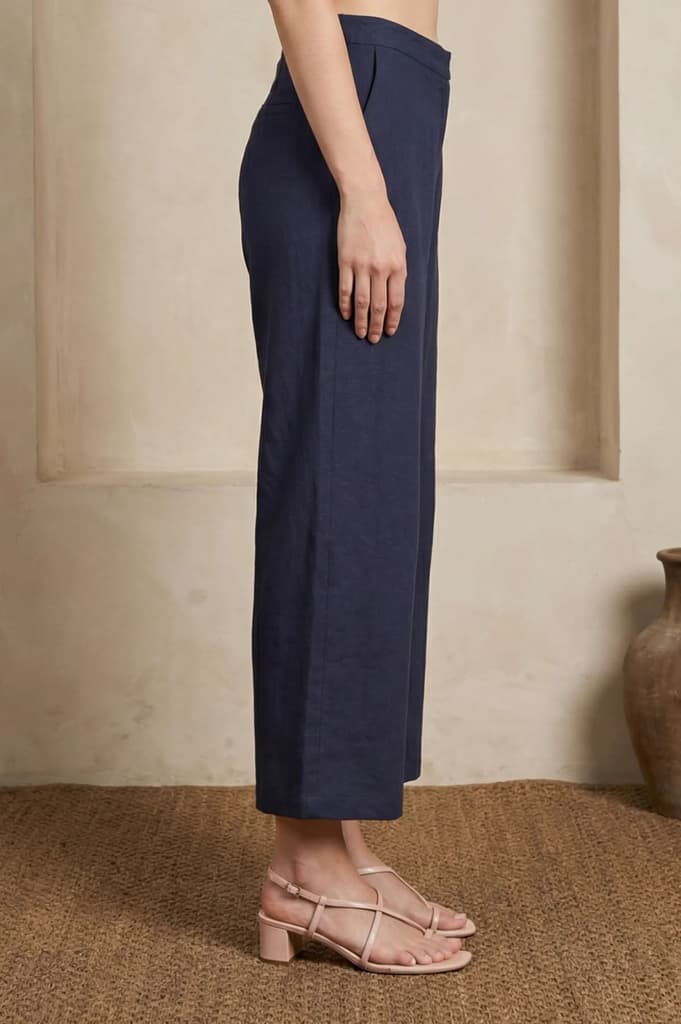 Navy Blue Solid Wide Leg Ankle Length Pants — photo 6