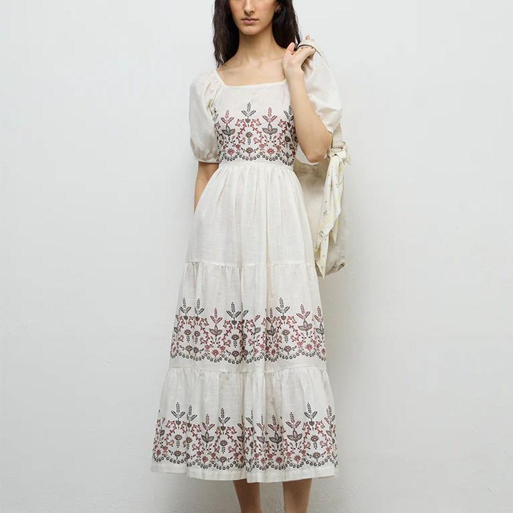 Bombay Paisley Off-White Floral Printed Cotton Tiered Dress