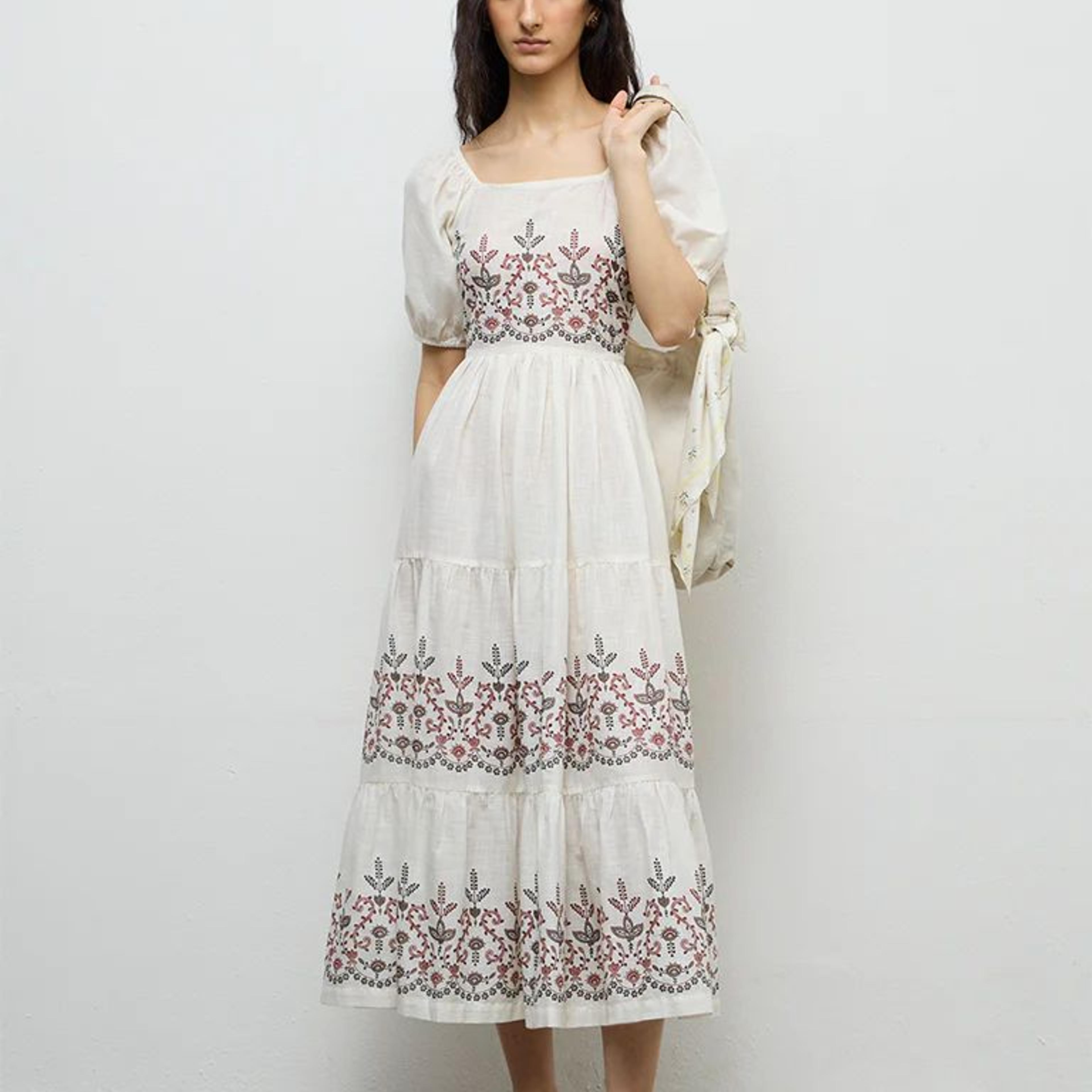 Bombay Paisley Off-White Floral Printed Cotton Tiered Dress
