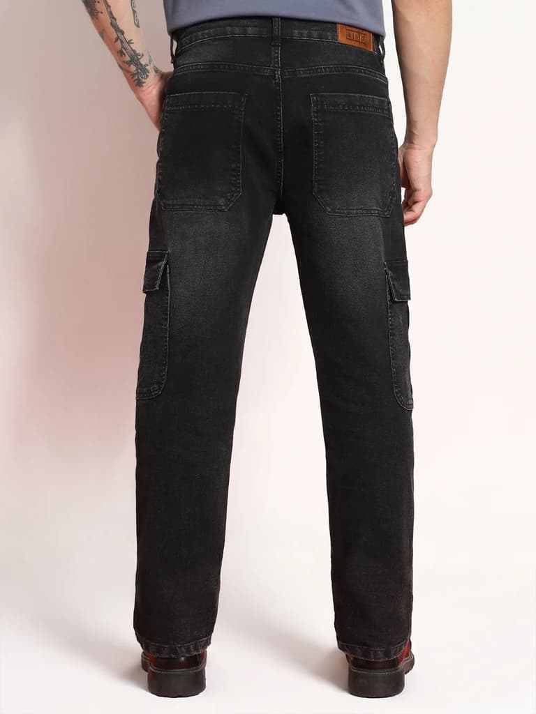 Men's Black Regular Fit Washed Cargo Jeans With 6 Pockets Stretchable — photo 4