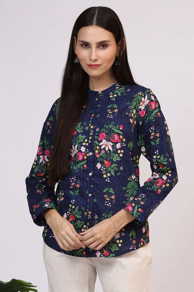 Navy Blue Floral Printed Pure Cotton Ethnic Shirt — photo 2