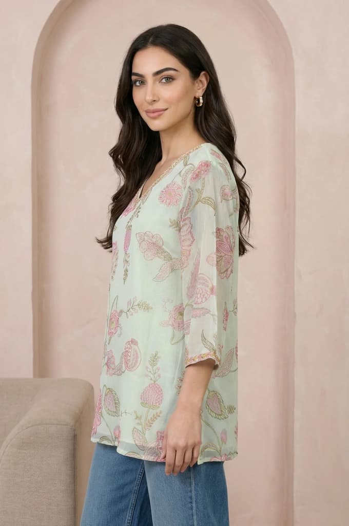 Green Embroidered Chiffon Straight Top — photo 4