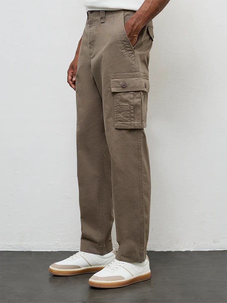 WES Casuals Dark Taupe Relaxed-Fit Mid-Rise Cotton Cargo Pants — photo 3