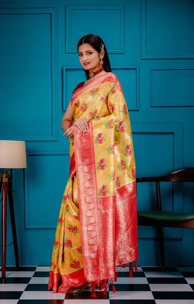 Mimosa Women's Woven Design Banarasi Style Art Silk Saree With Blouse Piece : SA00001606GDFREE — photo 4