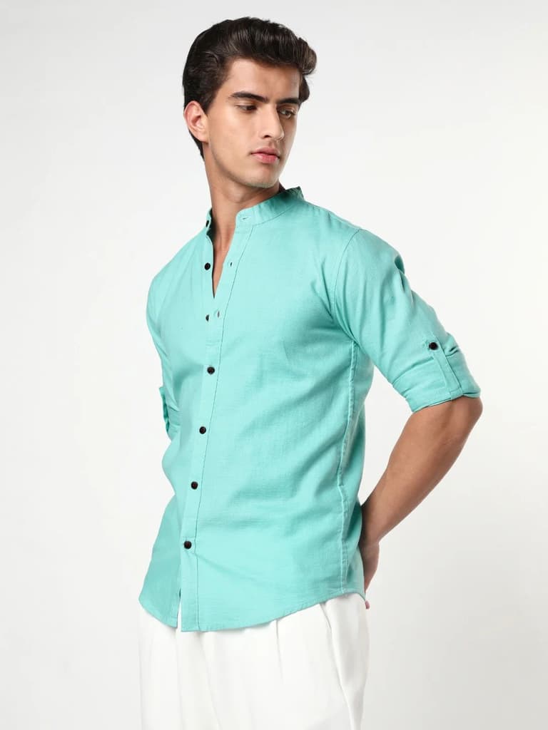 Men's Light Teal Linen Blend Full Sleeve Relaxed Fit Mandarin Collar Casual Solid Shirt — photo 3