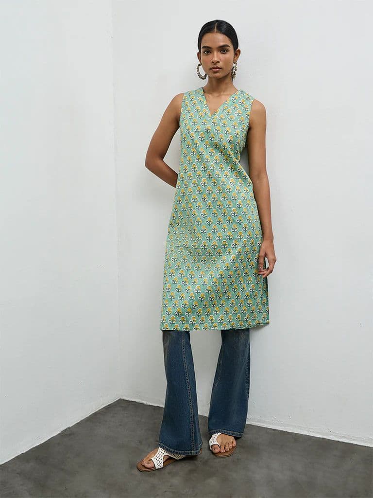 Utsa Mint Floral Printed Cotton Straight Kurta — photo 2