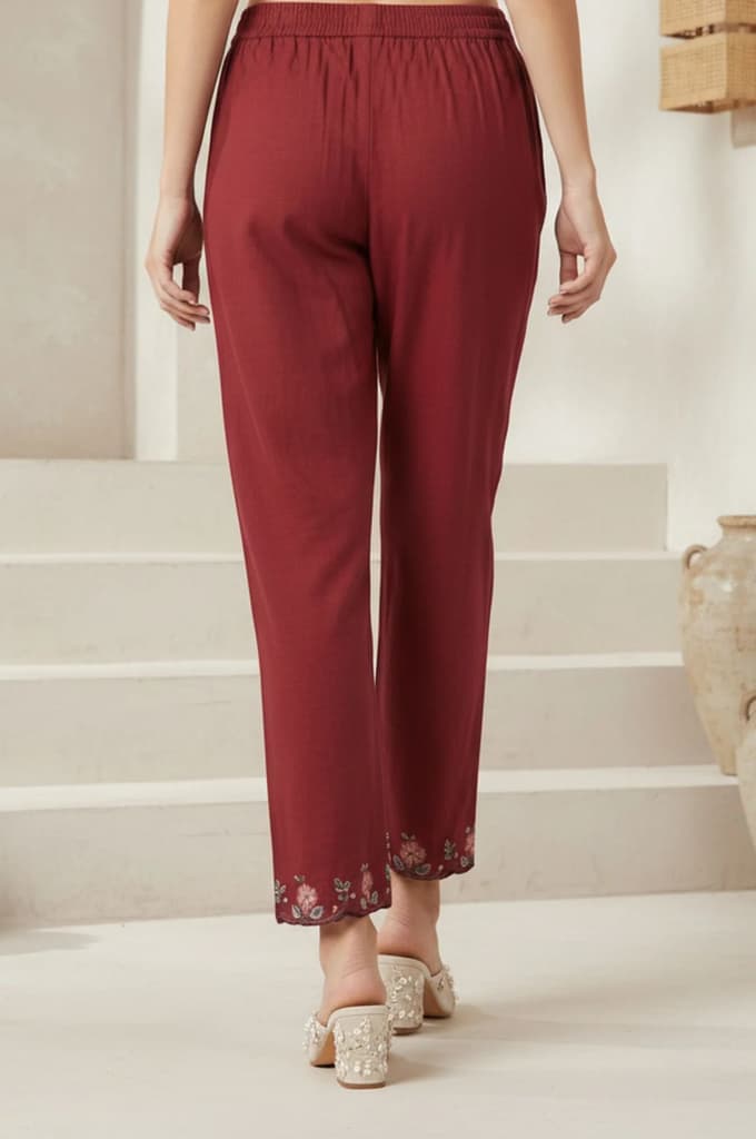 Maroon Embroidered Cotton Blend Straight Fit Ankle Length Pants — photo 5