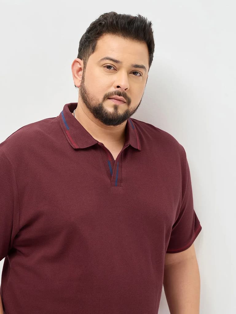 Plus Men's Maroon Solid Regular Fit Half Sleeve Cotton Polo T-Shirt — photo 5