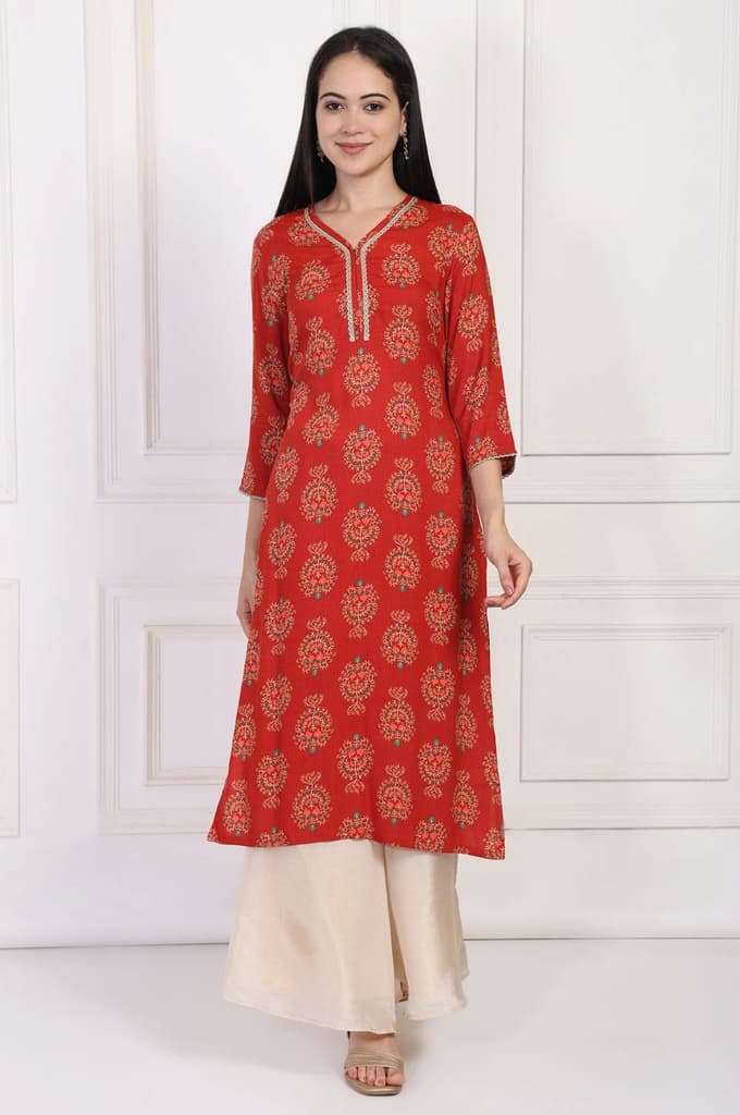 Red Floral Ethnic Printed Lace Trim Straight Rayon Kurta — photo 2