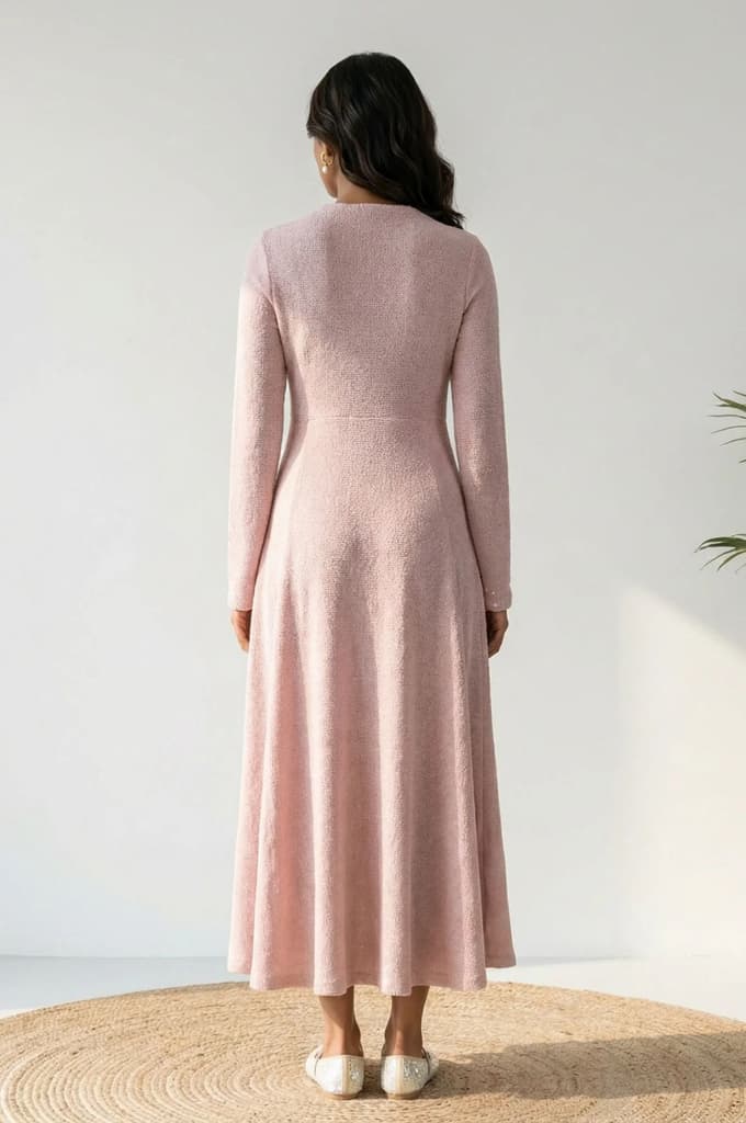 Pink Solid Sequins A-line Winter Dress — photo 4