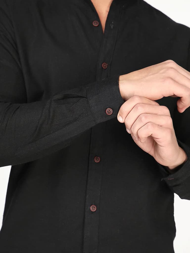 Men's Black Linen Blend Full Sleeve Relaxed Fit Mandarin Collar Casual Solid Shirt — photo 5