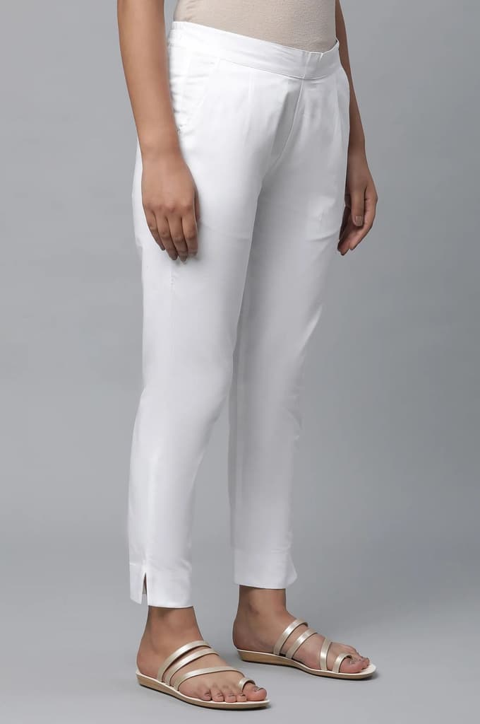 White Solid Straight Fit Cotton Pants With Elasticated Waist — photo 4