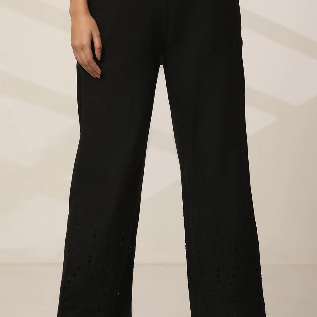 Black Embroidered Semi Flared Cotton Palazzo With Side Pockets
