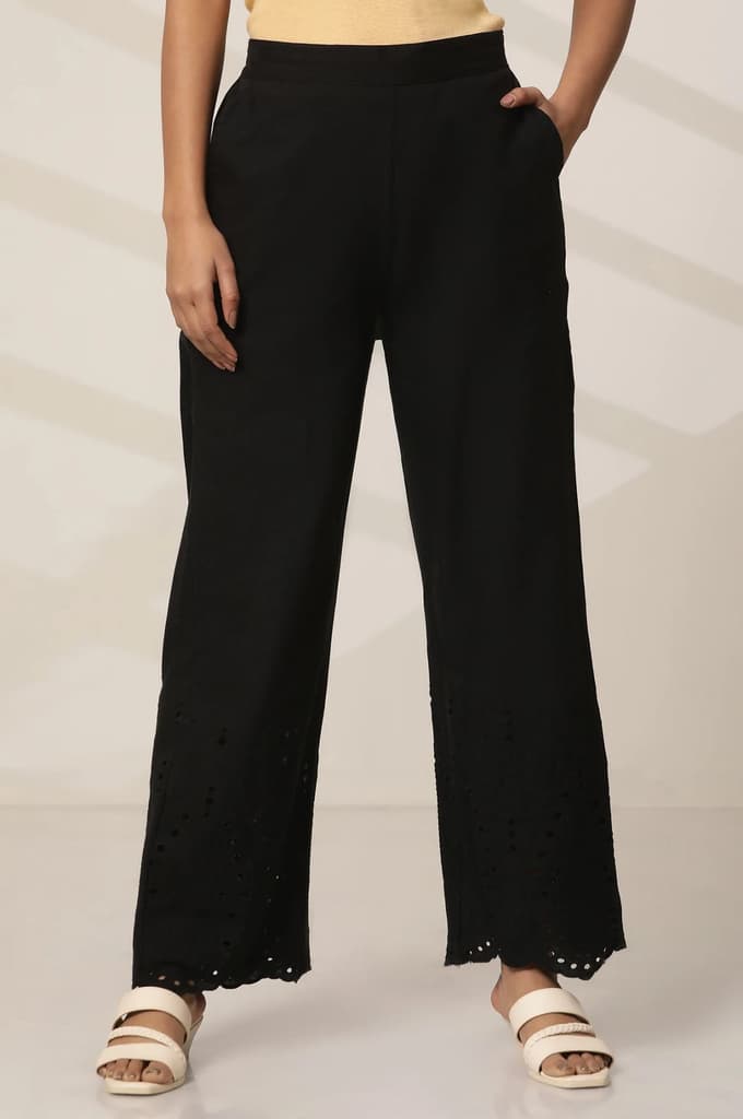 Black Embroidered Semi Flared Cotton Palazzo With Side Pockets