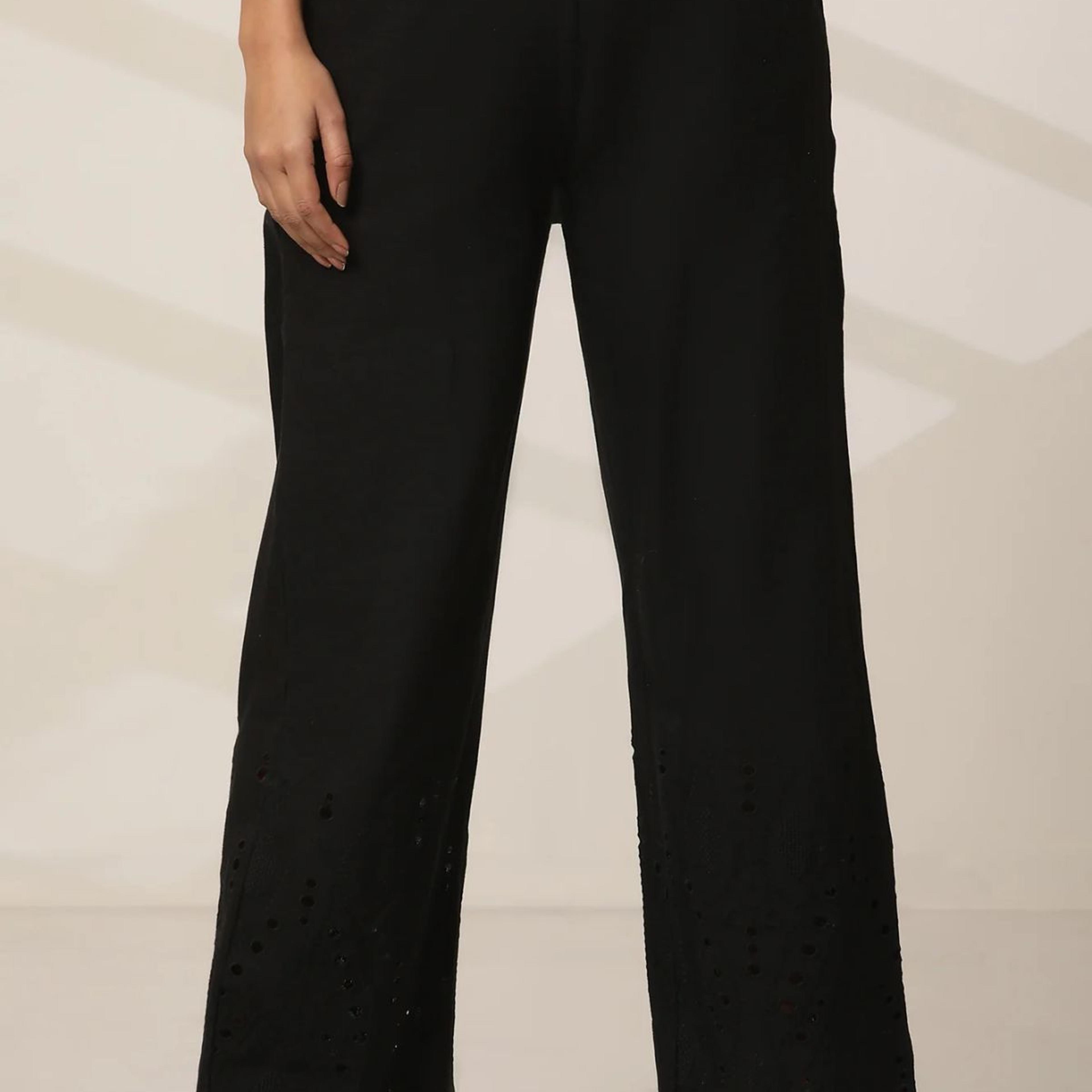 Black Embroidered Semi Flared Cotton Palazzo With Side Pockets