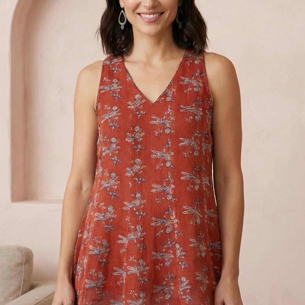 Rust Block Printed Cotton Blend A-line Sleeveless Top