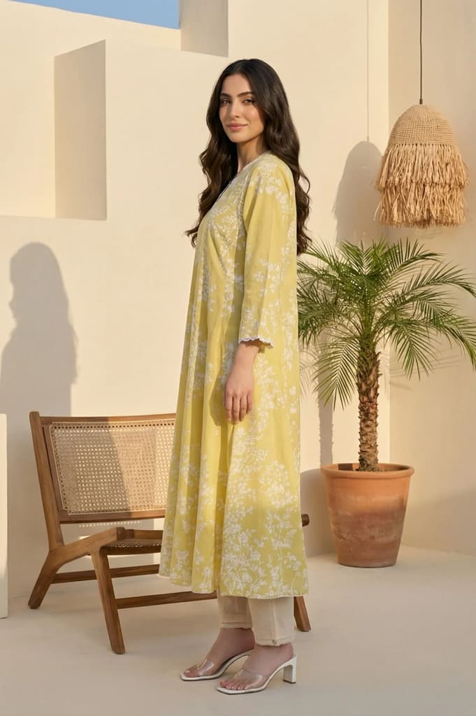 Yellow Floral Printed Lace Pure Cotton A-line Kurta — photo 5