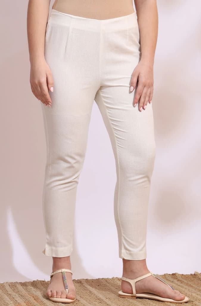 White Solid Mid-Rise Cotton Flax Slim Pants — photo 5